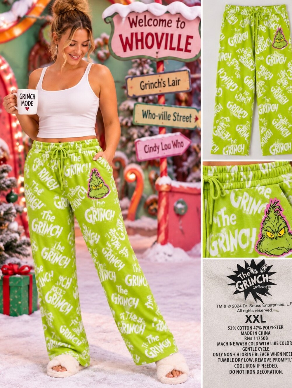 The Grinch Dr. Seuss Women’s XXL Green Christmas Lounge Pajama Pants Pockets